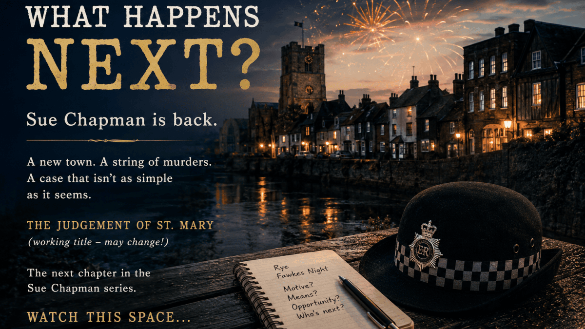 Promotional artwork for Ken White's forthcoming crime novel The Judgement of St. Mary, featuring Rye at dusk during the Rye Fawkes celebrations, with fireworks, a British police helmet and detective's notebook foreshadowing Sue Chapman's next murder investigation.
